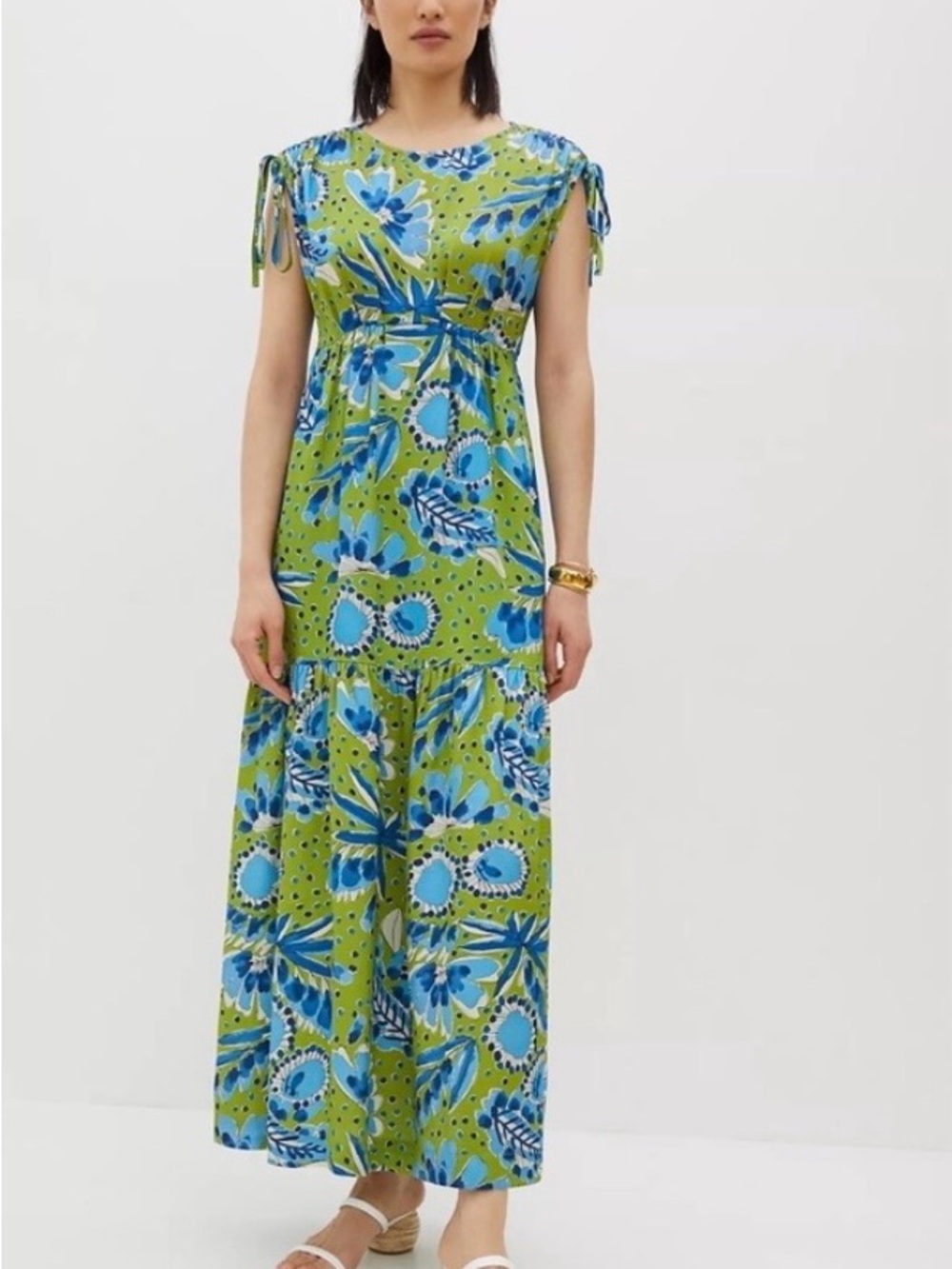Anthropologie Lime Green and Blue Floral Tie-Shoulder Maxi Dress